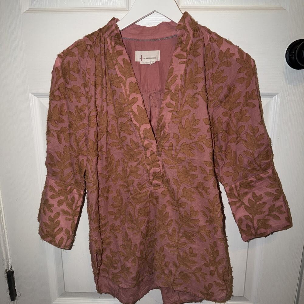 Anthropologie‎ Embroidered Leaves Pink Popover Fall Blouse Top Womens Size XXS